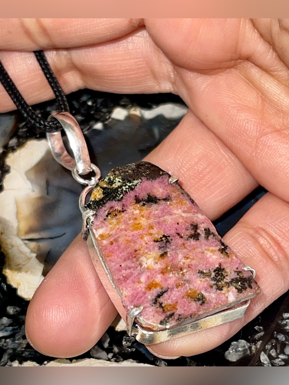 Dainty Rough Edges Rhodonite Pendant 2 1/4”